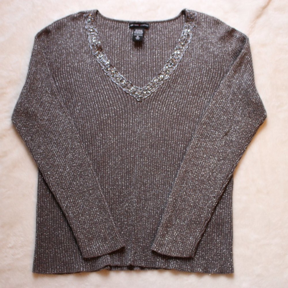 Holiday Silver Gray V-neck Sweater Top XL